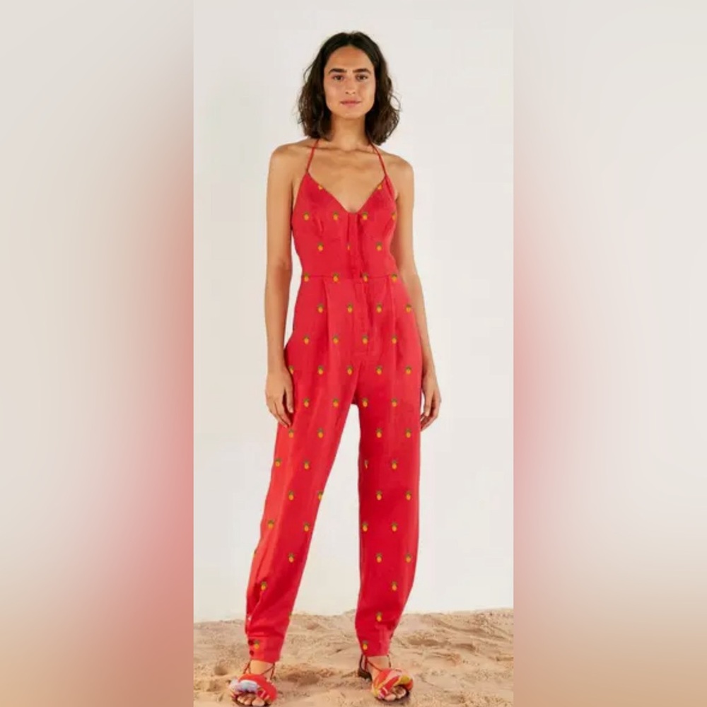 Farm Rio Red Pineapple Embroidered Linen Halter Jumpsuit XS
